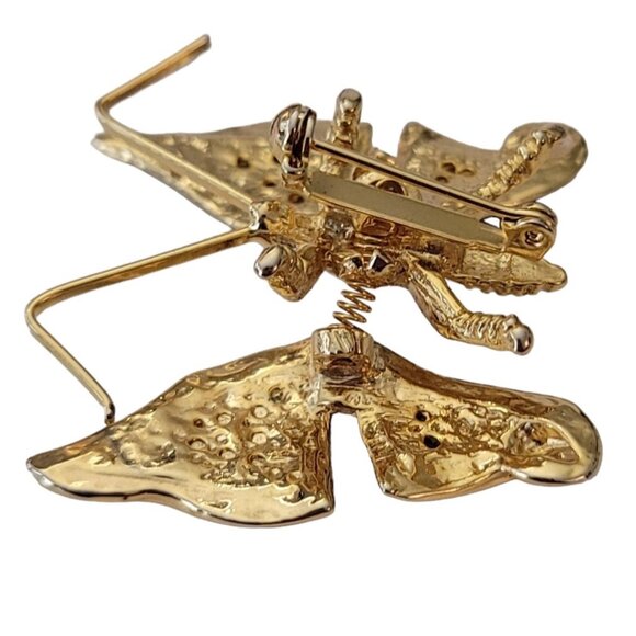 Gold Tone Clear Rhinestone Black Enamel Butterfly Trembler Brooch E652 - Picture 5 of 7